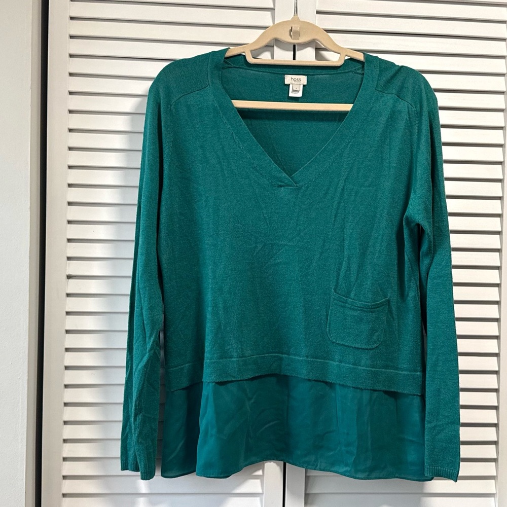 Hoss Intropia Teal Layered V-Neck Sweater Blouse - Size L